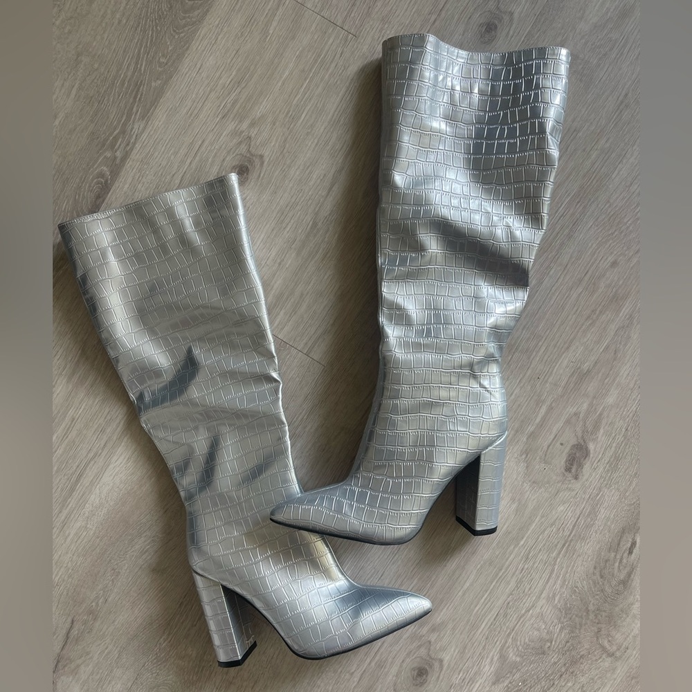 Brand new silver croc knee high boots